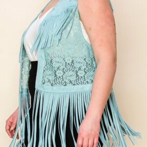 NWT Vocal Plus aqua vest with fringe and lace detail
